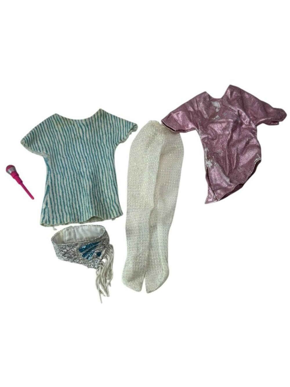 VTG Jem Holograms Jerrica Fringe Belt Tights Dress Blue Pink Microphone Silver